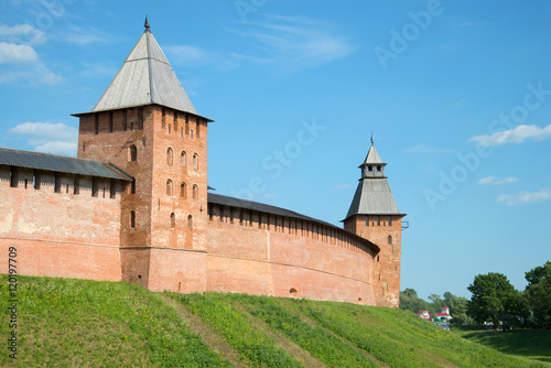 The wall of the Novgorod Kremlin between Knyazhaya and Spasskaya towers, sunny day in july. Veliky Novgorod, Russia