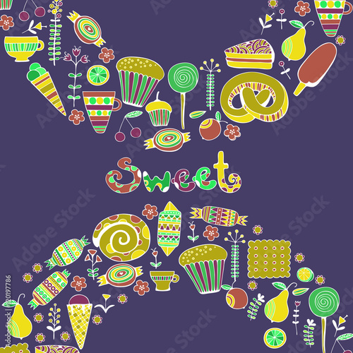 
Hand drawn sweets and candies set. Colorful Vector illustration.