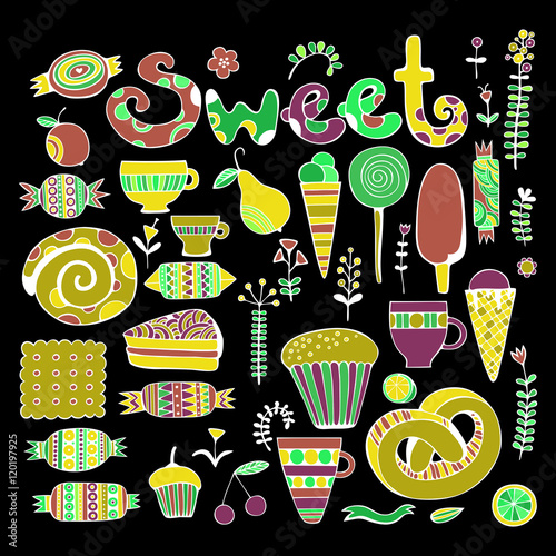 
Hand drawn sweets and candies set. Colorful Vector illustration.