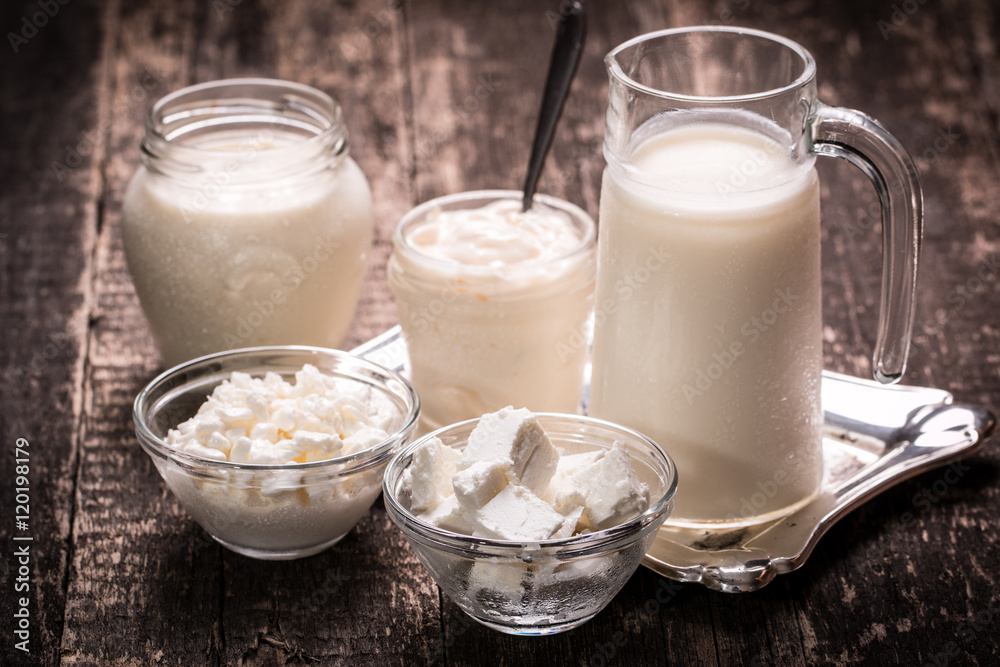 Dairy products,healthy food on wooden table Dairy products,healthy food on wooden table