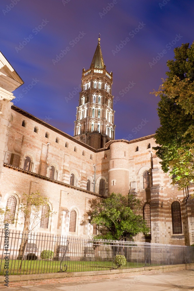 Saint sernin basilica at night with trees in Toulouse, France