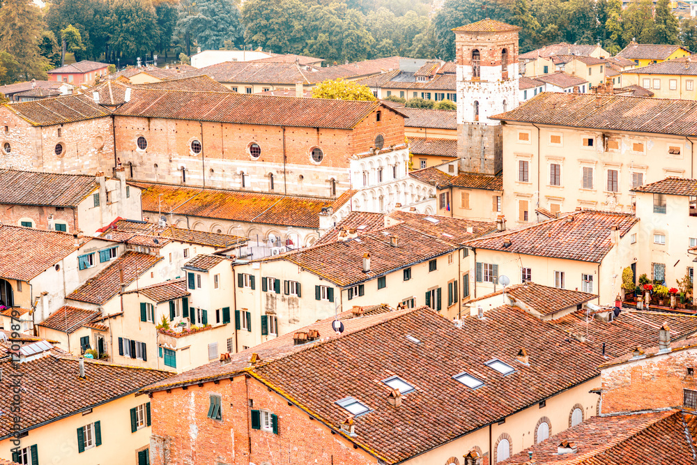 Top view on the old buildings in the old town of Lucca in Italy