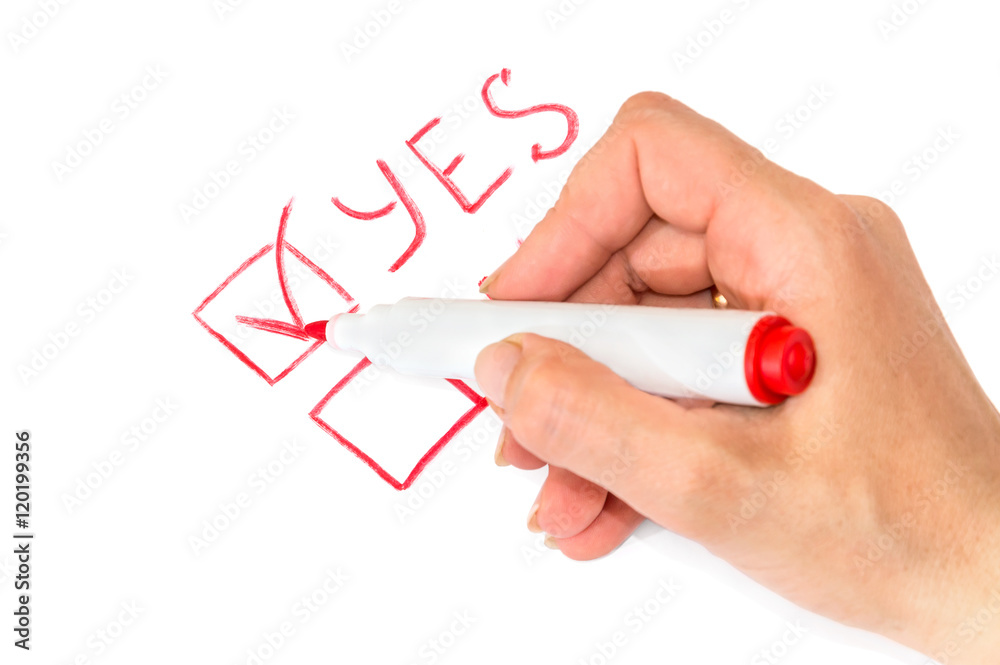 Female hand holds a marker and make a choice between yes and no Female hand holds a marker and make a choice between yes and no
