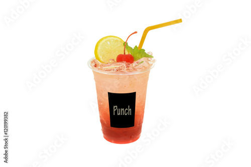 A glass of colorful punch with ice  In Plastic cup. on isolate background