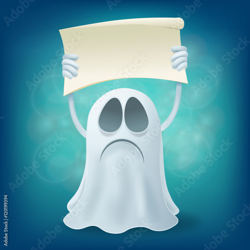 sad cartoon ghost with banner. Halloween party design element