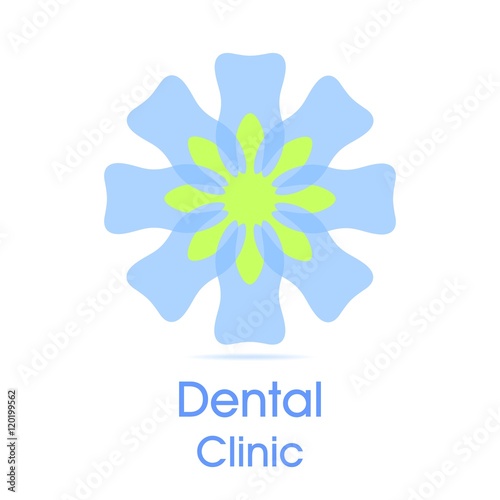 Abstract design logo for dental clinic with blue human teeth in a circle with green flowers in the middle that says dental clinic under the sign on a white background