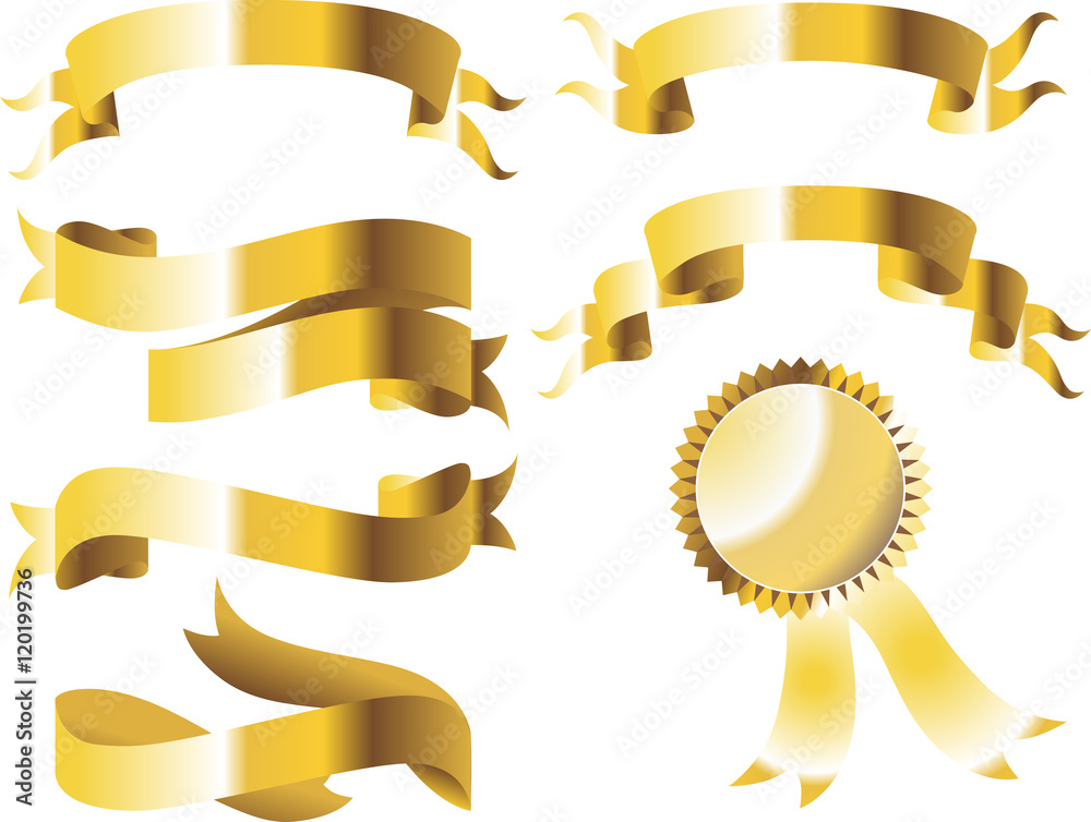 Gold glossy ribbon vector banners set. Ribbon label gold glossy, ribbon curled tag, waving ribbon gold glossy illustration Gold glossy ribbon vector banners set. Ribbon label gold glossy, ribbon curled tag, waving ribbon gold glossy illustration