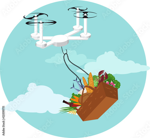 Delivery drone transporting a basket of produce, EPS 8 vector illustratio