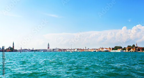 View of the Campanile in San marco s square and embankment from the sea in Venice  Italy.