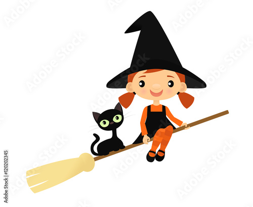 Cute little witch and black cat on a broom