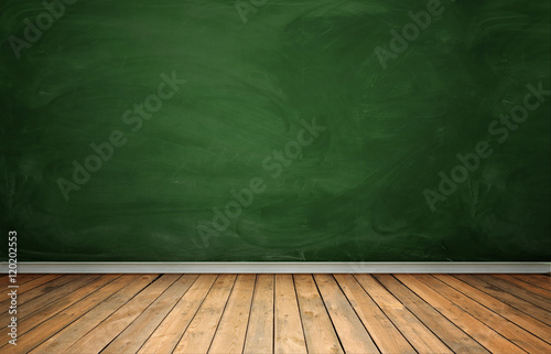 Rndering of interior with green chalkboard and wooden floor.