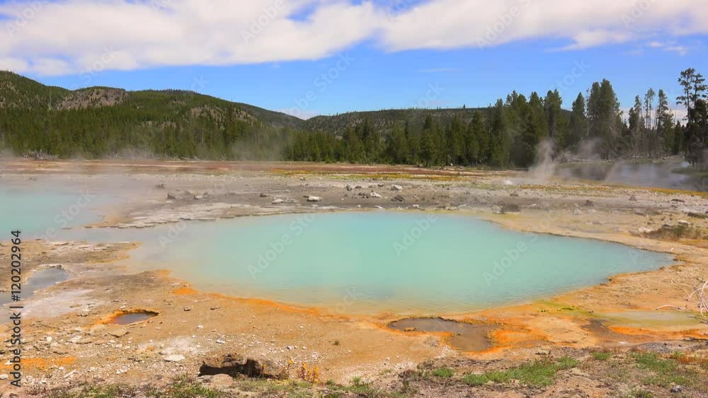 Beautiful Yellowstone geyser boardwalk. Yellowstone National Park's has some of the world's tallest currently active geyser with major eruptions. A very active geothermal location. Beautiful Yellowstone geyser boardwalk. Yellowstone National Park's has some of the world's tallest currently active geyser with major eruptions. A very active geothermal location.