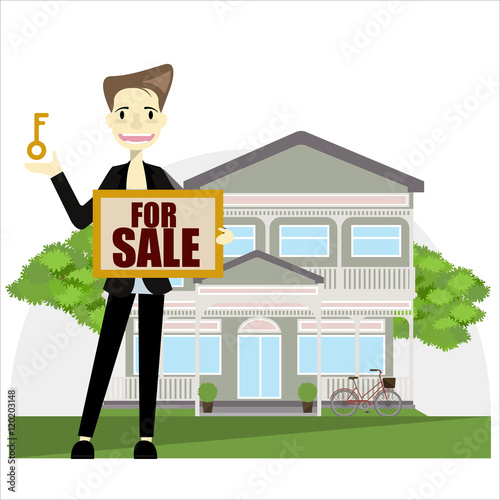 A real estate agent holding the document for the for sale house. Vector flat design illustration.