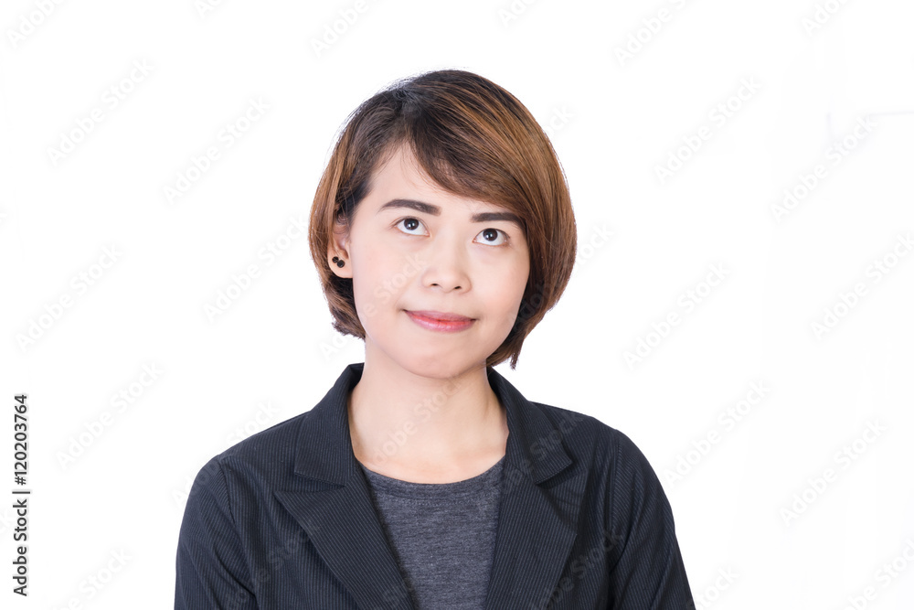 Beautiful smart young asian lady look sideways on white background concept for smart people Beautiful smart young asian lady look sideways on white background concept for smart people
