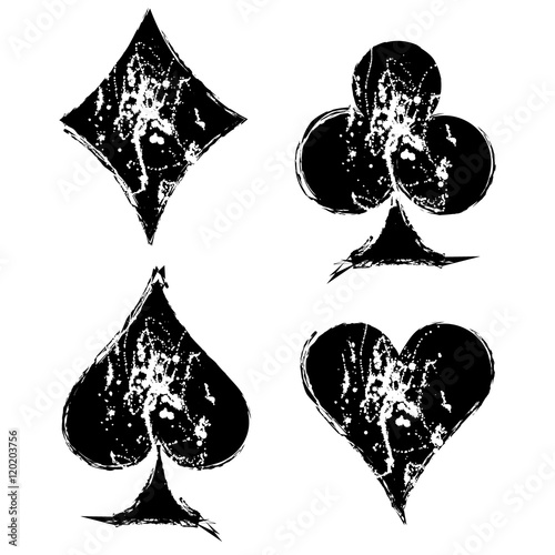 Vector set of black and red graphic illustration of sign of playig card with ink blot, brush strokes, isolated on the white. Series of artistic illustration with splash, blots and brush strokes.
