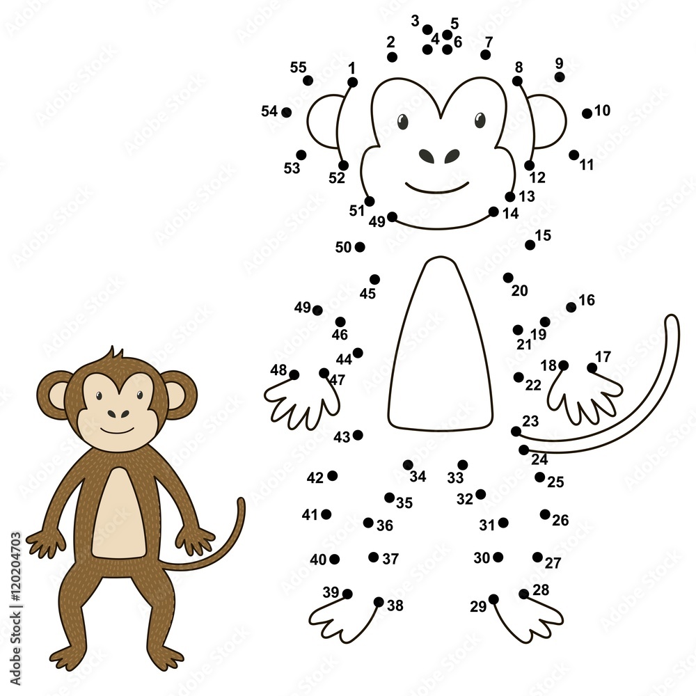 Fototapeta premium Połącz kropki, aby narysować uroczą małpkę i pokolorować ją