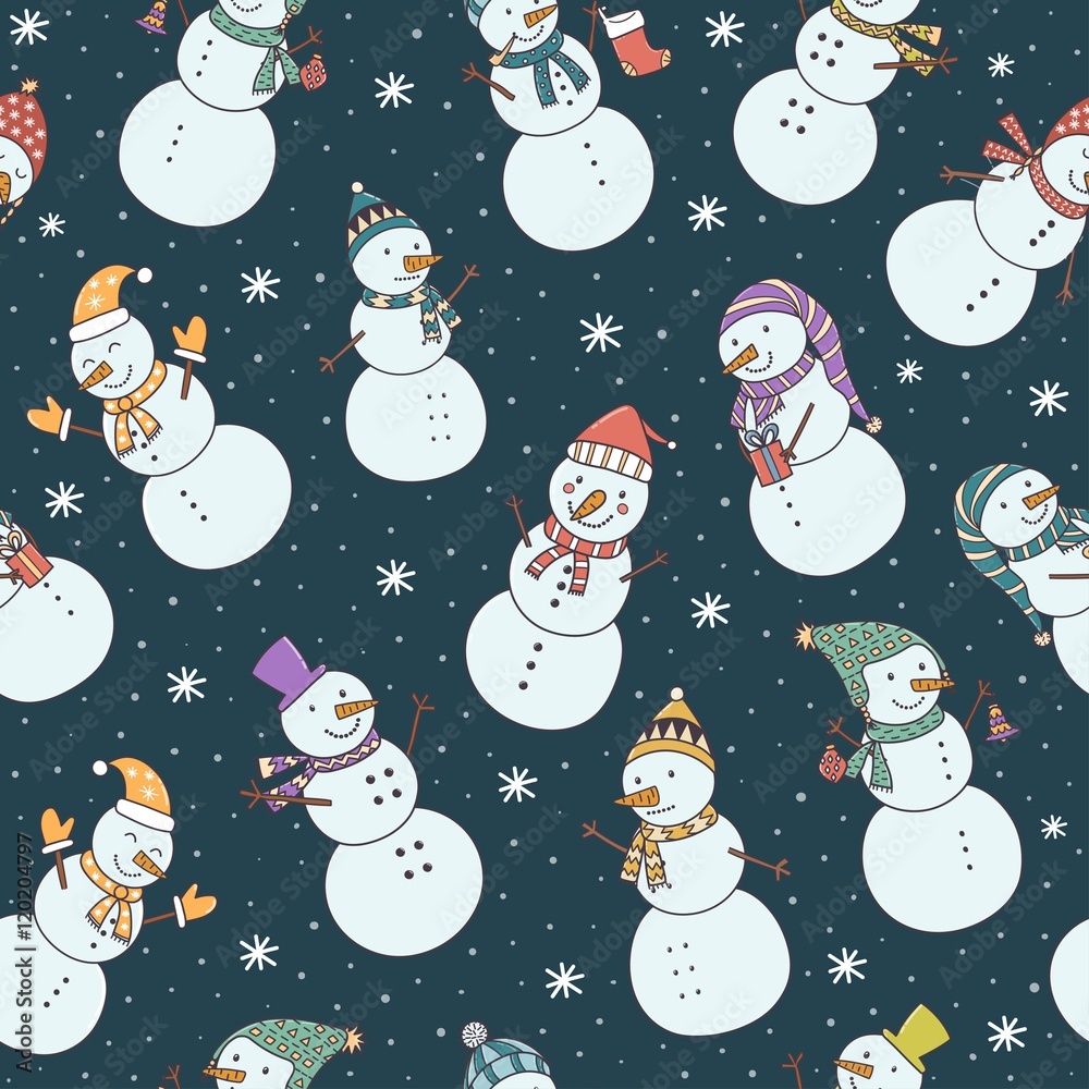 Christmas seamless pattern with cute snowmen and falling snow