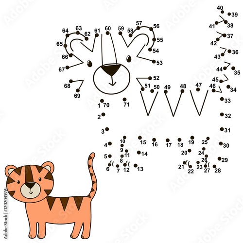 Fototapeta Naklejka Na Ścianę i Meble -  Connect the dots to draw a cute tiger and color it