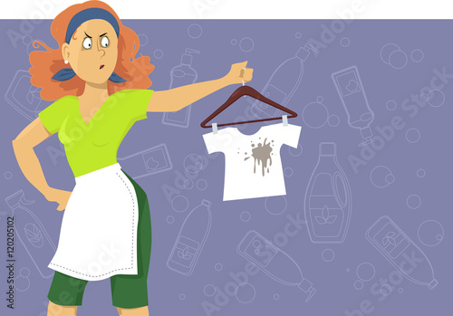 Upset woman looking at a kid's tee-shirt with a stain on it, EPS 8 vector illustration