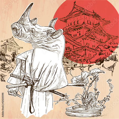 Japan. Samurai rhino. An hand drawn vector picture. Line art ill