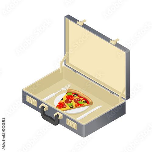 Business lunch. pizza in case. Suitcase with fast food