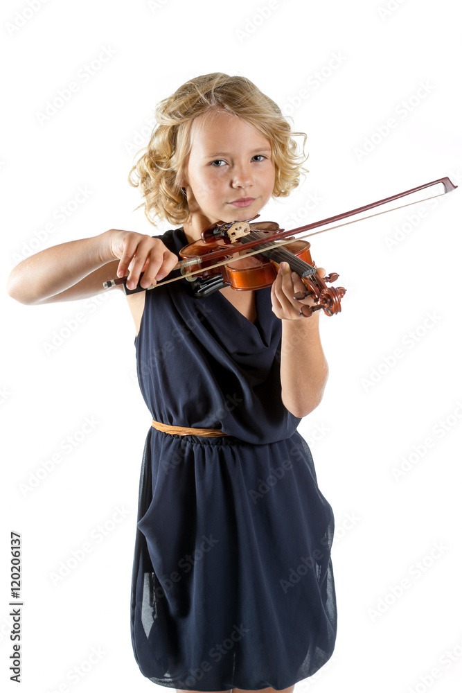Girl playing a violin on white background