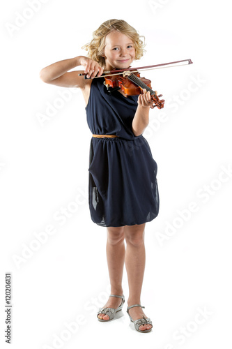Girl playing a violin on white background
