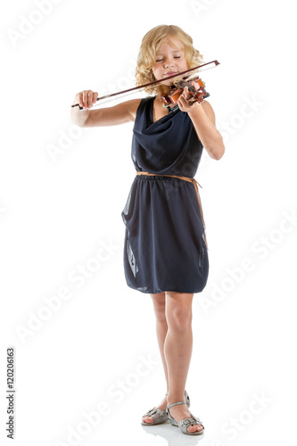 Girl playing a violin on white background