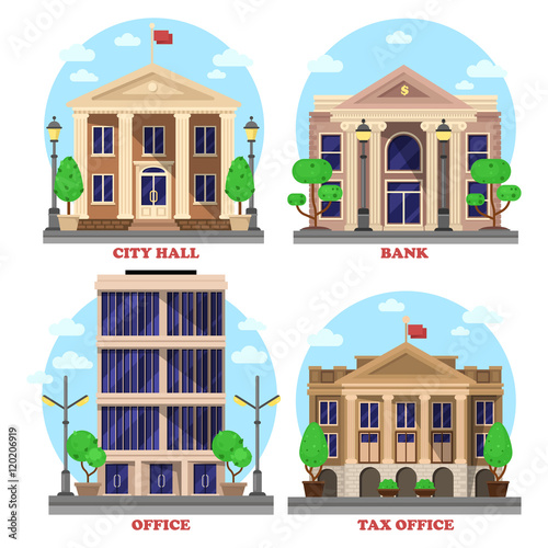 Bank with dollar currency sign and skyscraper office, national city hall with flag and tax revenue building or house with bushes and trees. Municipal city, government constructions facade exteriors.