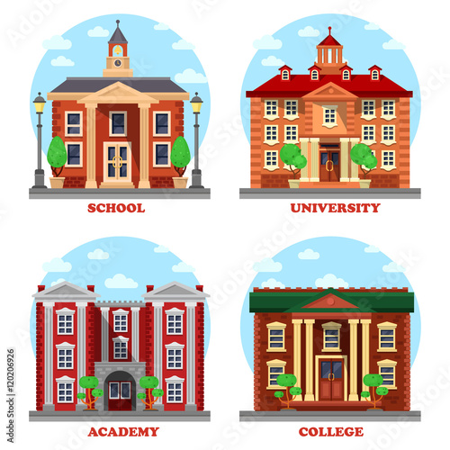 Fototapeta Naklejka Na Ścianę i Meble -  School and university, academy and college buildings. Educational architecture constructions for national science with bell and tower, lamp and columns. Can be used for pedagogics and study theme