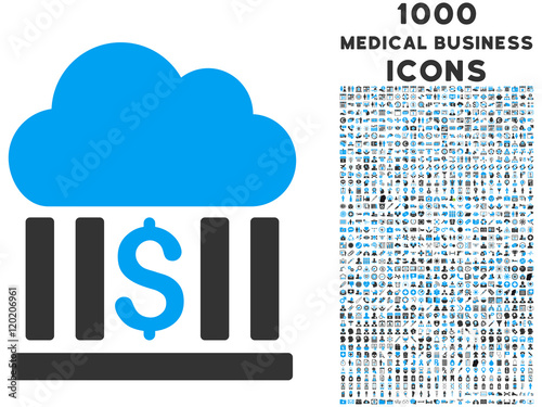 Cloud Bank vector bicolor icon with 1000 medical business icons. Set style is flat pictograms, blue and gray colors, white background.