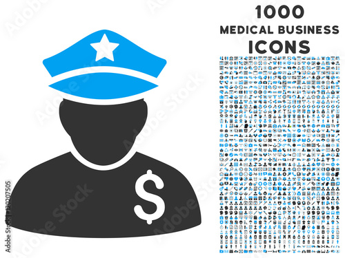 Financial Policeman vector bicolor icon with 1000 medical business icons. Set style is flat pictograms, blue and gray colors, white background.