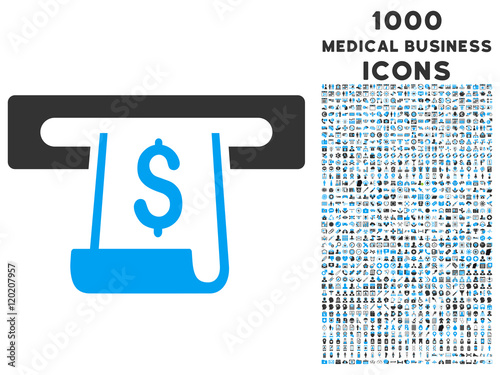 Paper Receipt Slot vector bicolor icon with 1000 medical business icons. Set style is flat pictograms, blue and gray colors, white background.