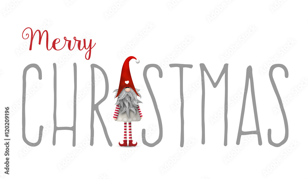 Inscription Merry Christmas, with gnome used as letter I, illustration Inscription Merry Christmas, with gnome used as letter I, illustration