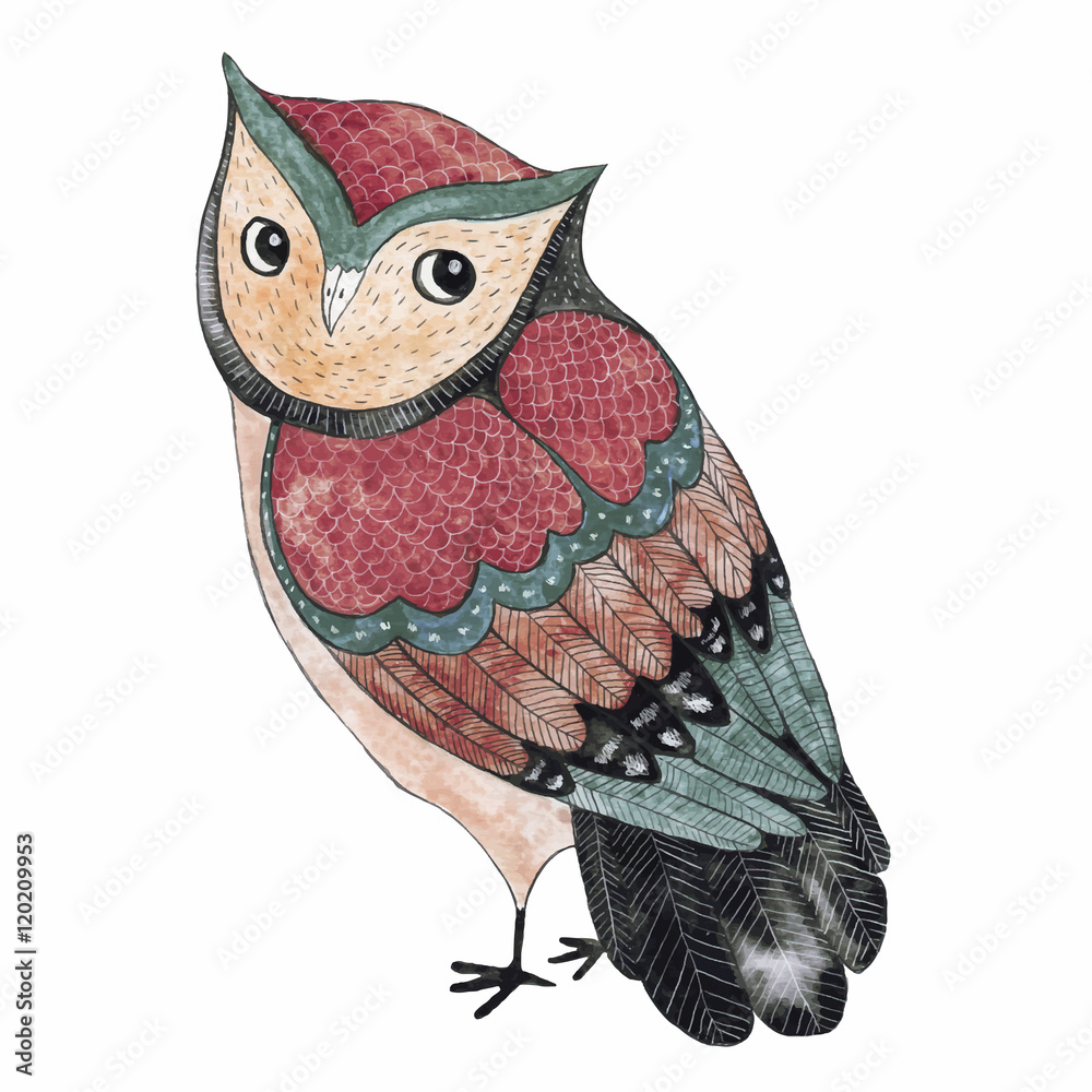 Fototapeta premium Watercolor funny kids illustration with owl