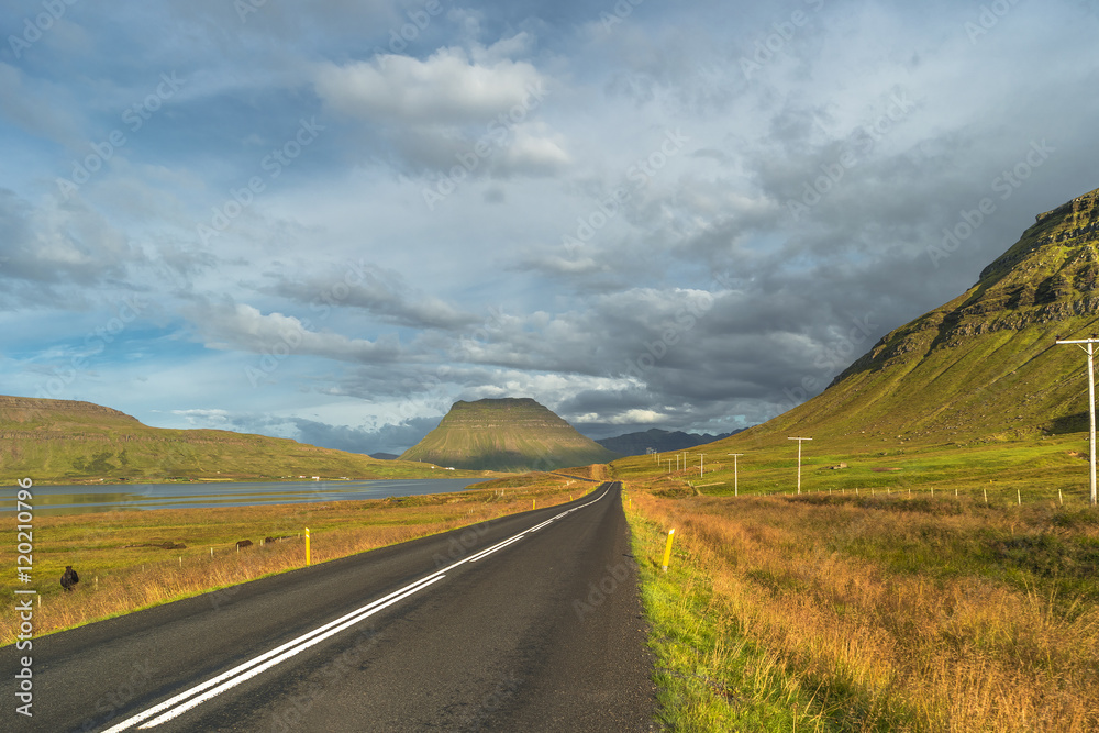 Isolated road and Icelandic colorful landscape at Iceland, summe