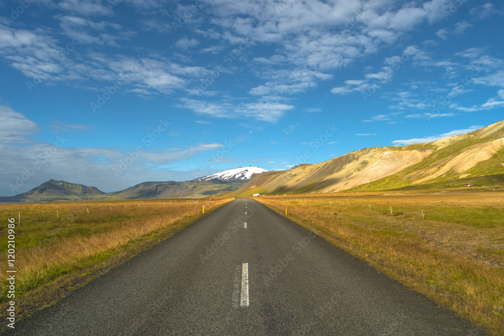 Isolated road and Icelandic colorful landscape at Iceland, summe