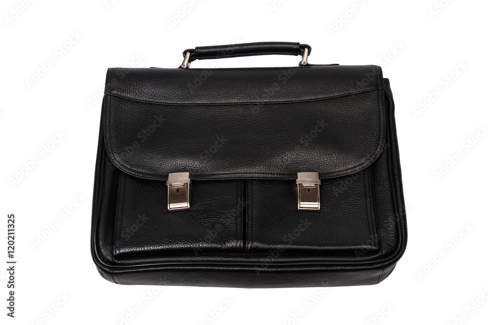 Big black briefcase with two shiny locks. Object on a white background. Big black briefcase with two shiny locks. Object on a white background.