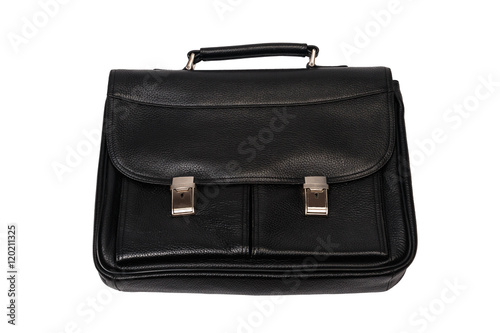Big black briefcase with two shiny locks. Object on a white background.