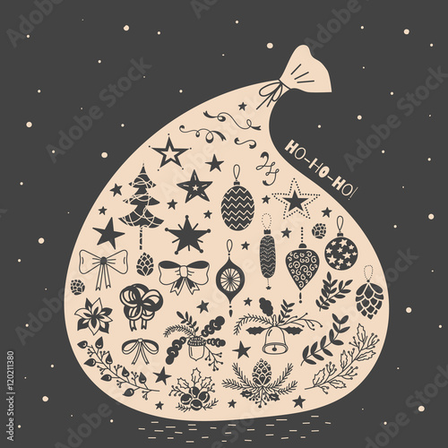 Vector illustration of magic Santa gift bag with christmas icons set. Spruce, bows, oak and fir branches, bells, pinecones, stars, acorns, snowflakes, hohoho sign. Black and beige, vintage style