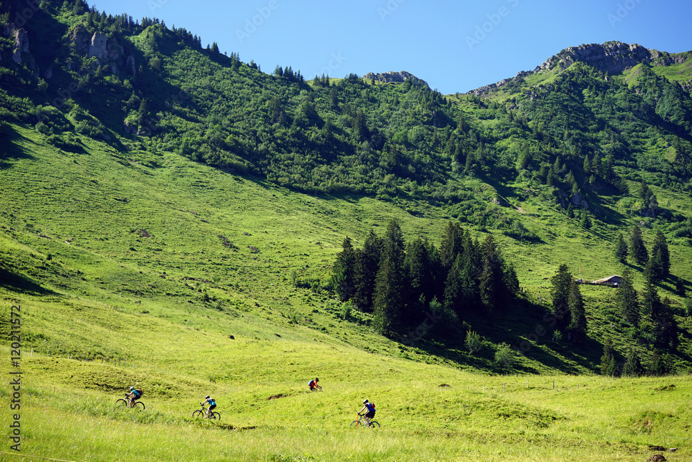 Bicyclists on the green slope of mount in Switzerland