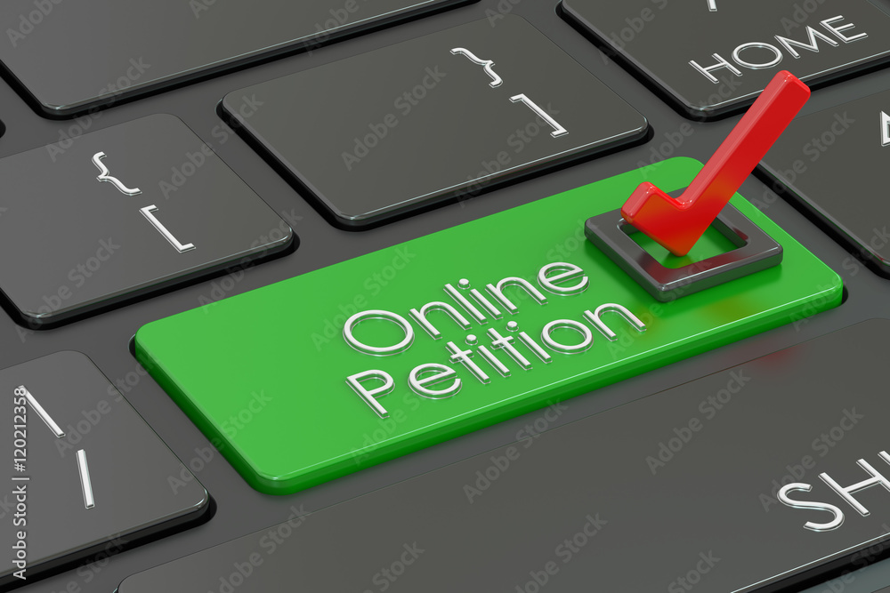Fototapeta premium online petition, green key on keyboard. 3D rendering