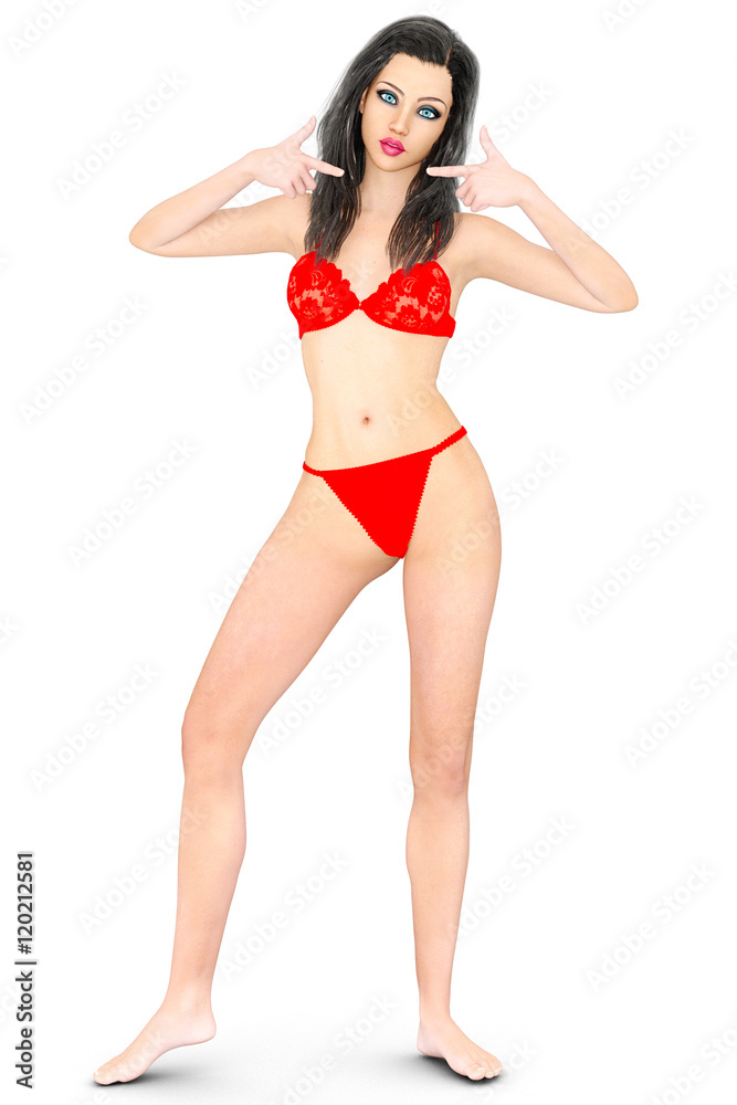 Young beautiful sexy girl in red lingerie. Woman standing in full body in  candid provocative pose. Conceptual fashion art. Isolate. Studio, high key.  Photorealistic 3D rendering illustration. Stock イラスト | Adobe Stock