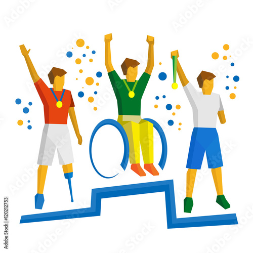 Three physically disabled sportsman with medal on podium