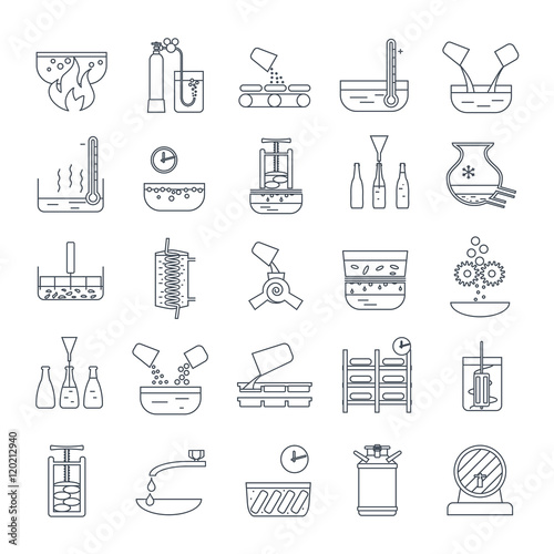 set of thin line icons beverage production process
