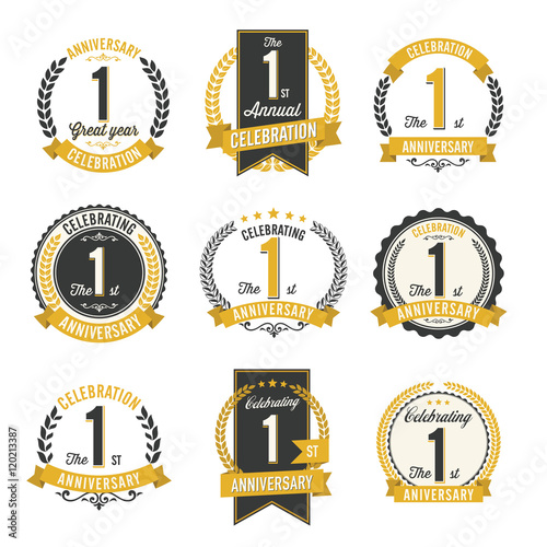 Set of Retro Anniversary Badges 1st Year Celebration