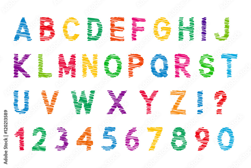 Colorful handwritten font set with numbers, isolated on white background, vector illustration.