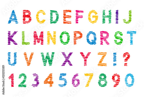 Colorful handwritten font set with numbers  isolated on white background  vector illustration.