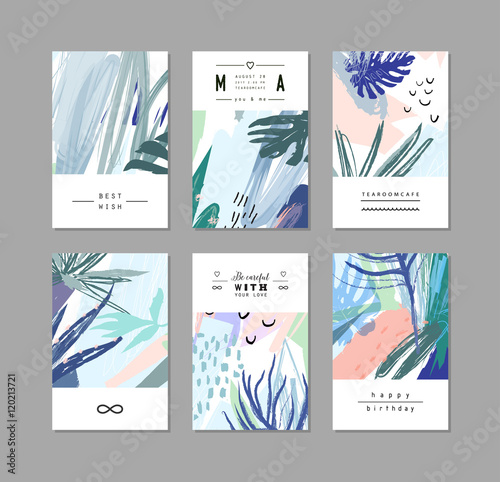 Set of creative universal floral cards in tropical style. Vector photo