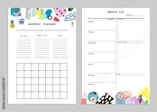 Monthly Planner plus Weekly List Templates. Organizer and Schedule. Vector